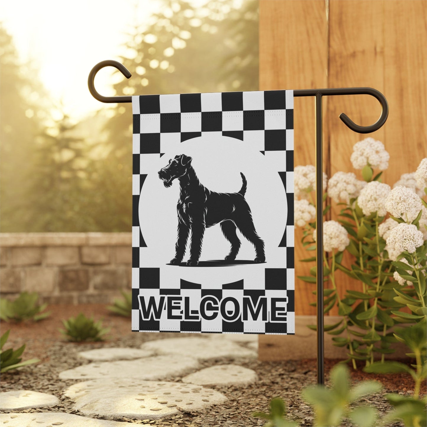 Printify Home Decor Airedale Terrier Welcome Garden Flag, Black and White Checkered Dog Lovers Yard