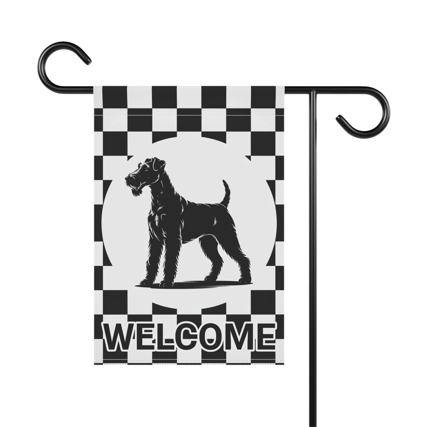 Printify Home Decor Airedale Terrier Welcome Garden Flag, Black and White Checkered Dog Lovers Yard