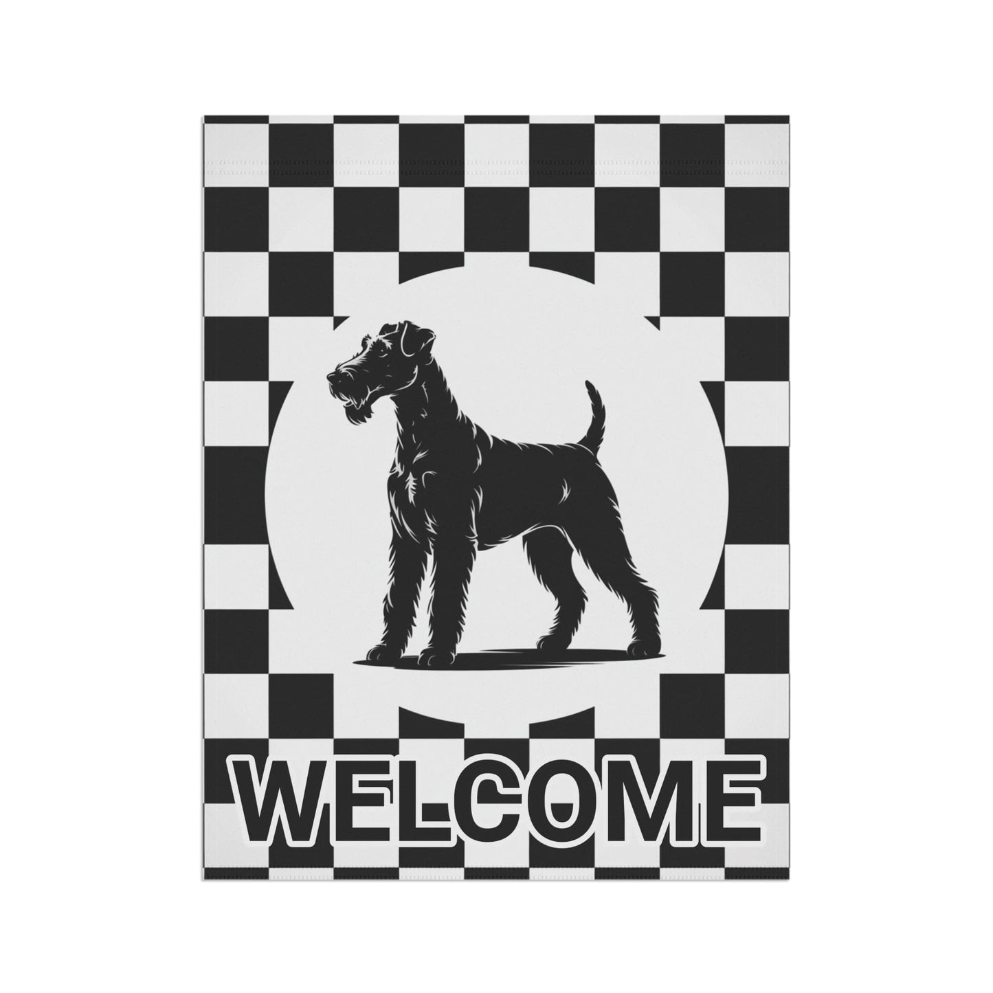 Printify Home Decor Airedale Terrier Welcome Garden Flag, Black and White Checkered Dog Lovers Yard