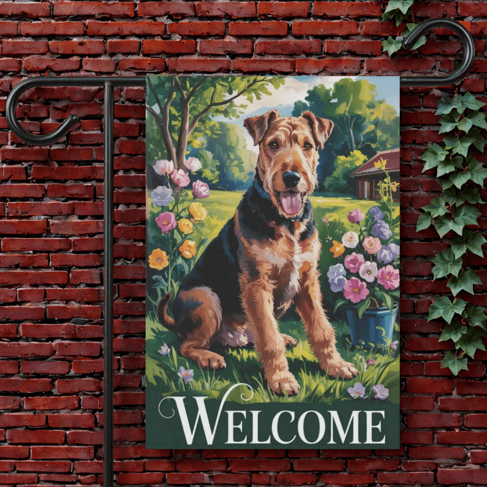 Printify Garden Flag 12'' × 18'' Airedale Terrier Welcome Garden Flag