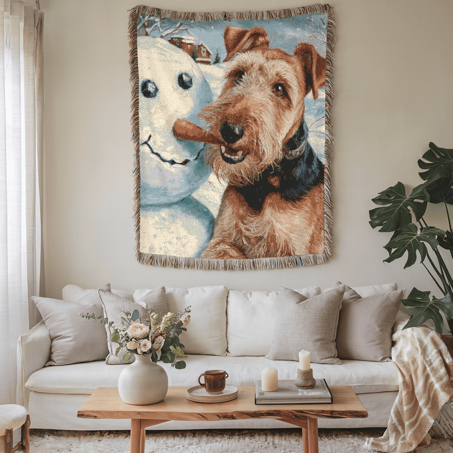 Printify Home Decor Airedale Terrier Winter Snowman Woven Blanket - Cozy Home Decor, Dog Lover Gift, Christmas Gift, Holiday Blanket, Pet Owner Present