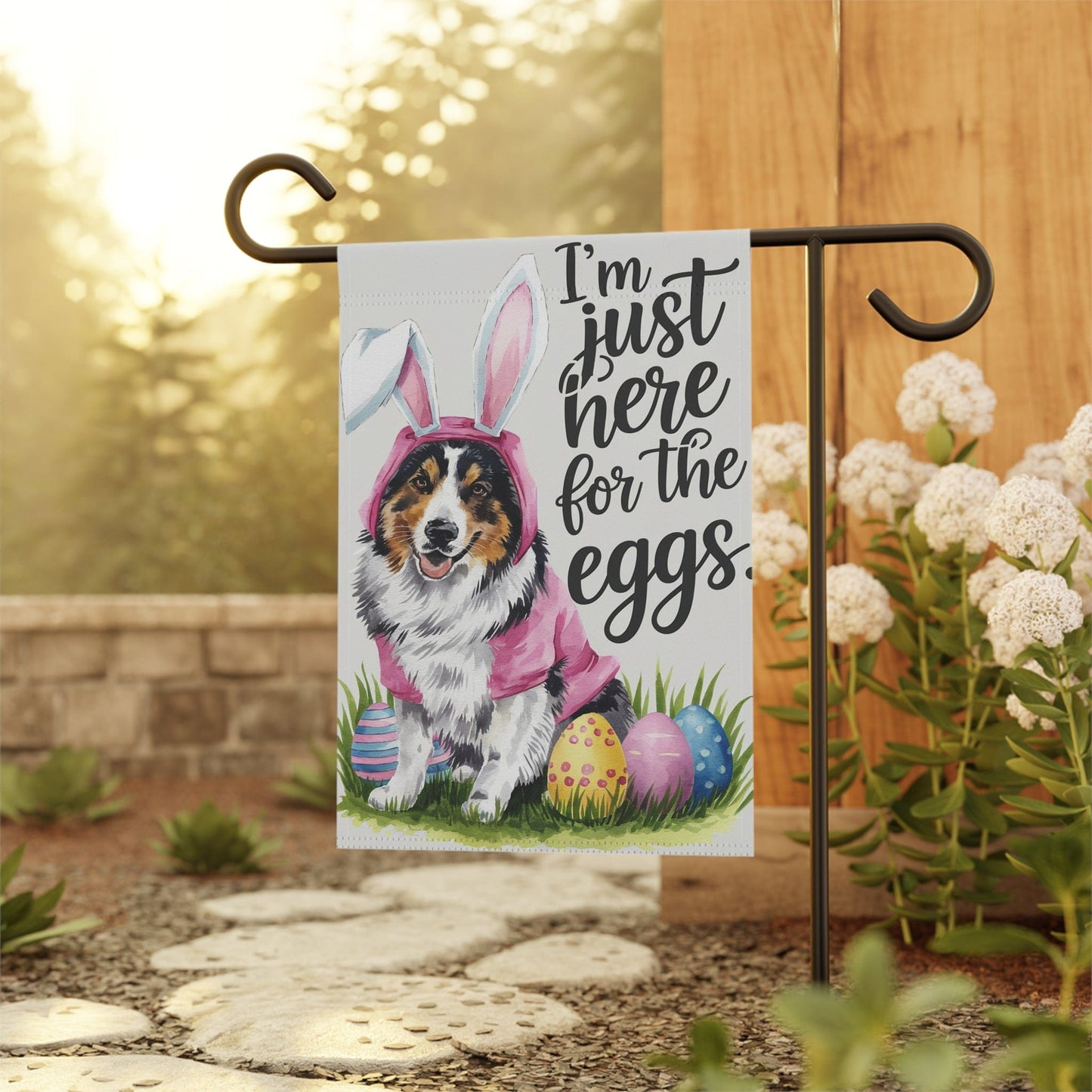 Printify Home Decor Australian Shepherd Easter Yard Flag, Colorful Bunny Rabbit Funny Garden Flag, Spring Lawn Decor