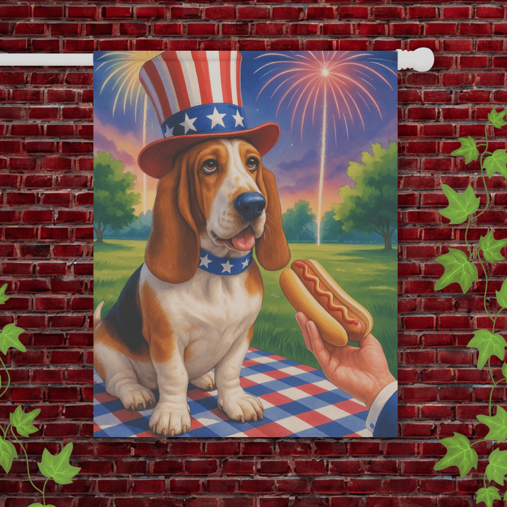 Printify Garden Flag 24.5'' × 32'' Basset Hound 4th of July Garden Flag