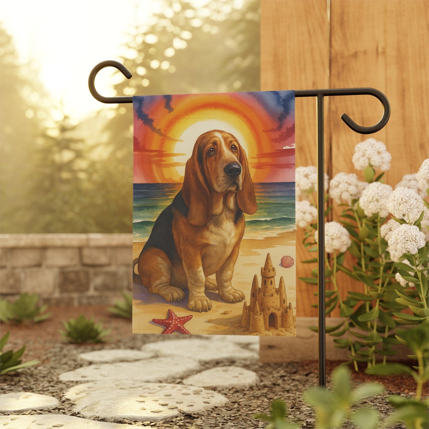 Printify Garden Flag Basset Hound Beach Garden Flag
