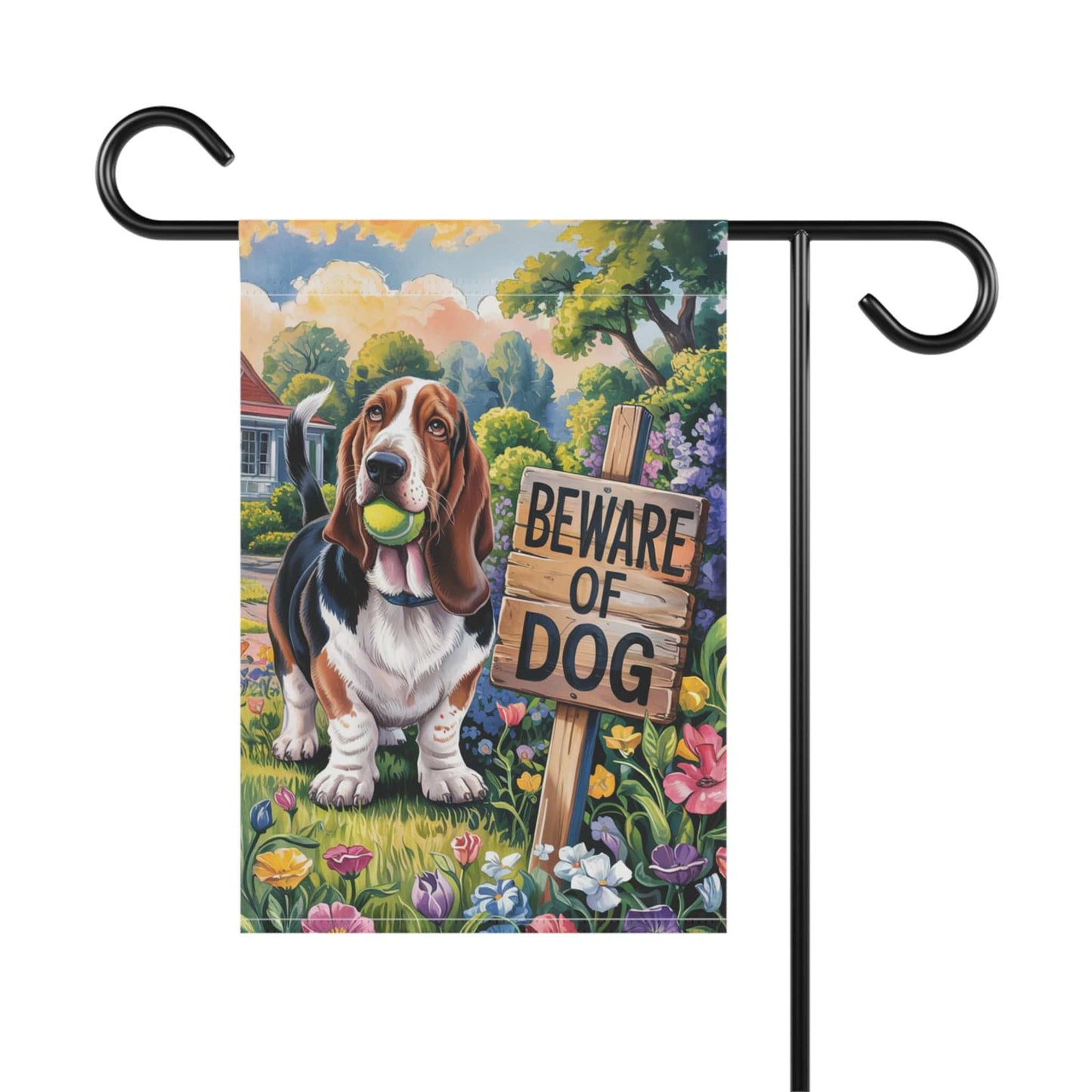 Printify Garden Flag Basset HOund Beware Garden Flag