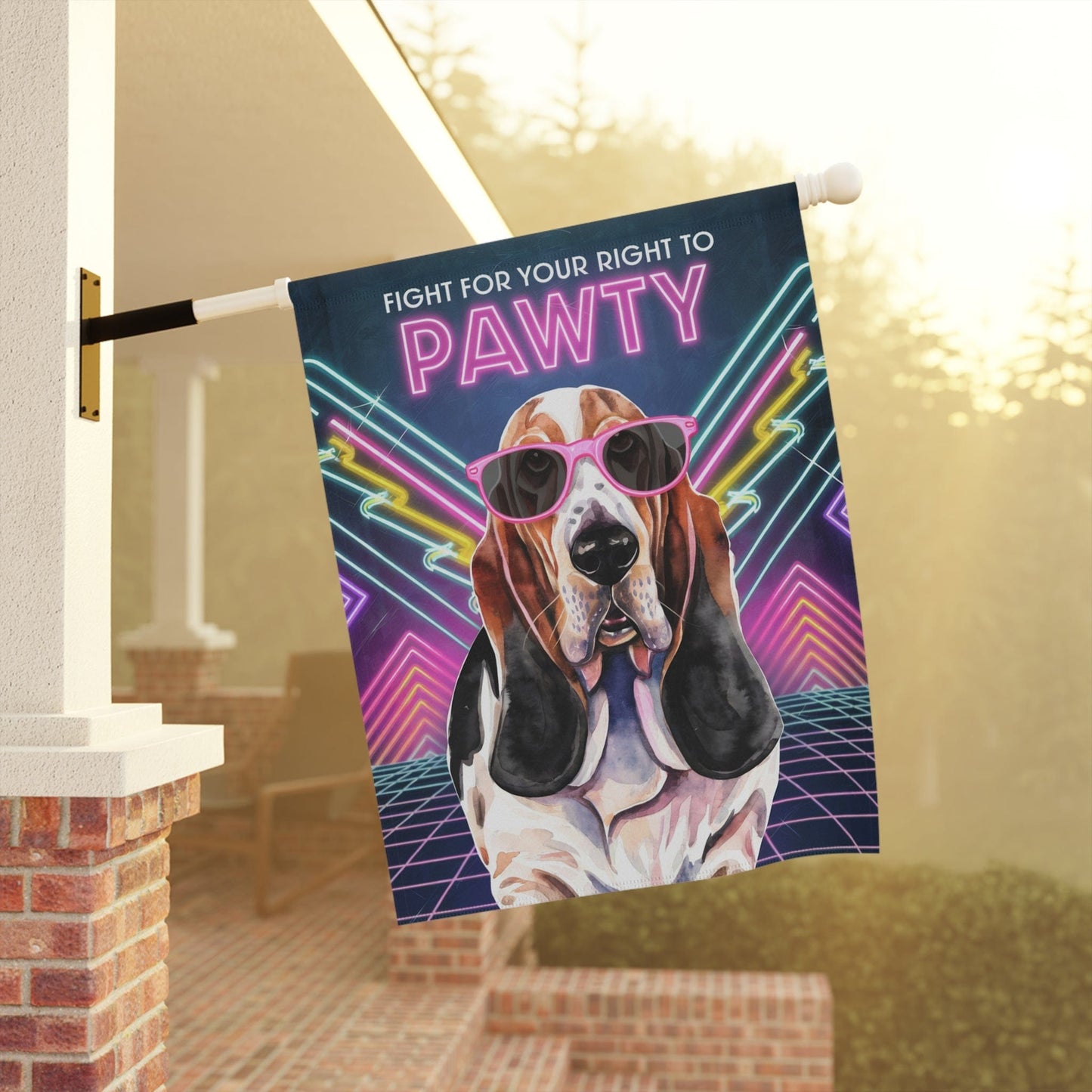 Printify Home Decor Basset Hound Dog, 80s Party Retro-Futuristic Garden Flag, Front Yard Spring Decor
