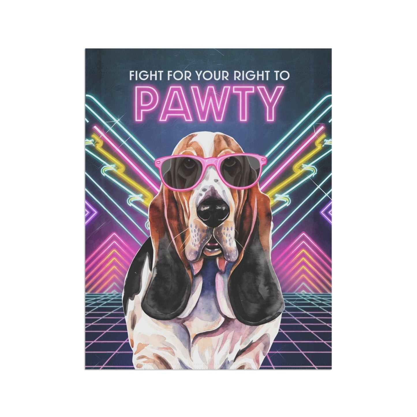 Printify Home Decor Basset Hound Dog, 80s Party Retro-Futuristic Garden Flag, Front Yard Spring Decor