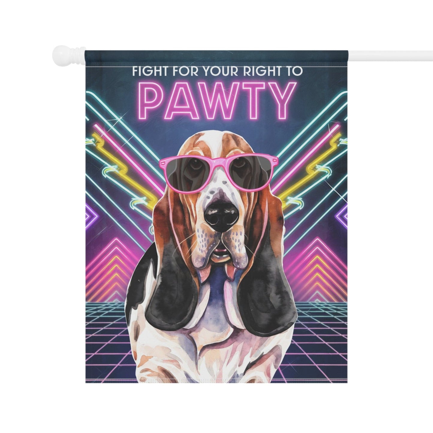 Printify Home Decor Basset Hound Dog, 80s Party Retro-Futuristic Garden Flag, Front Yard Spring Decor