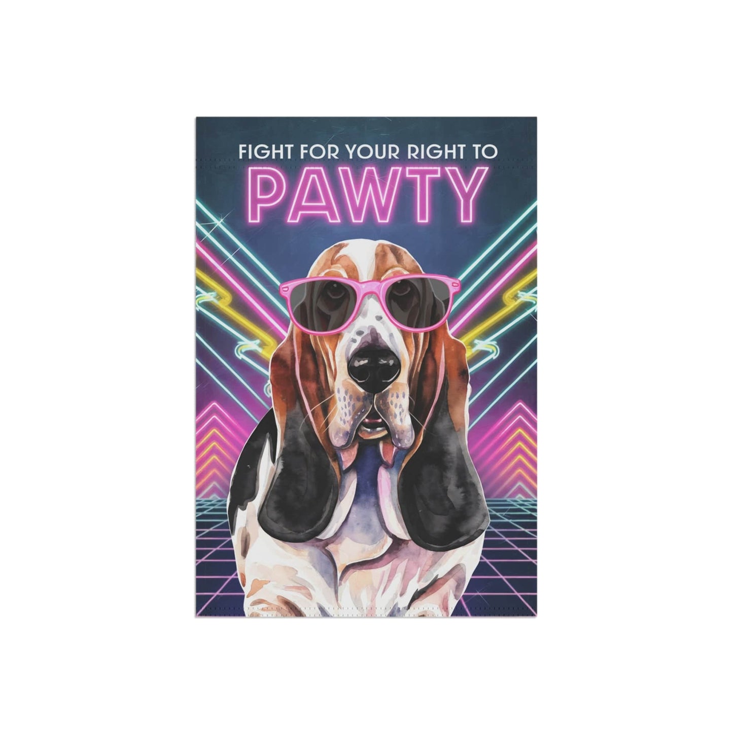 Printify Home Decor Basset Hound Dog, 80s Party Retro-Futuristic Garden Flag, Front Yard Spring Decor
