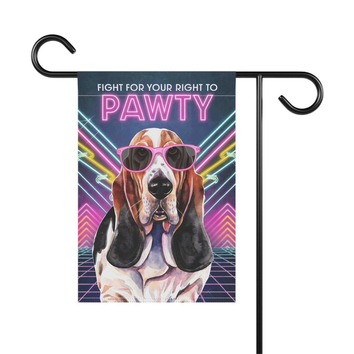 Printify Home Decor Basset Hound Dog, 80s Party Retro-Futuristic Garden Flag, Front Yard Spring Decor