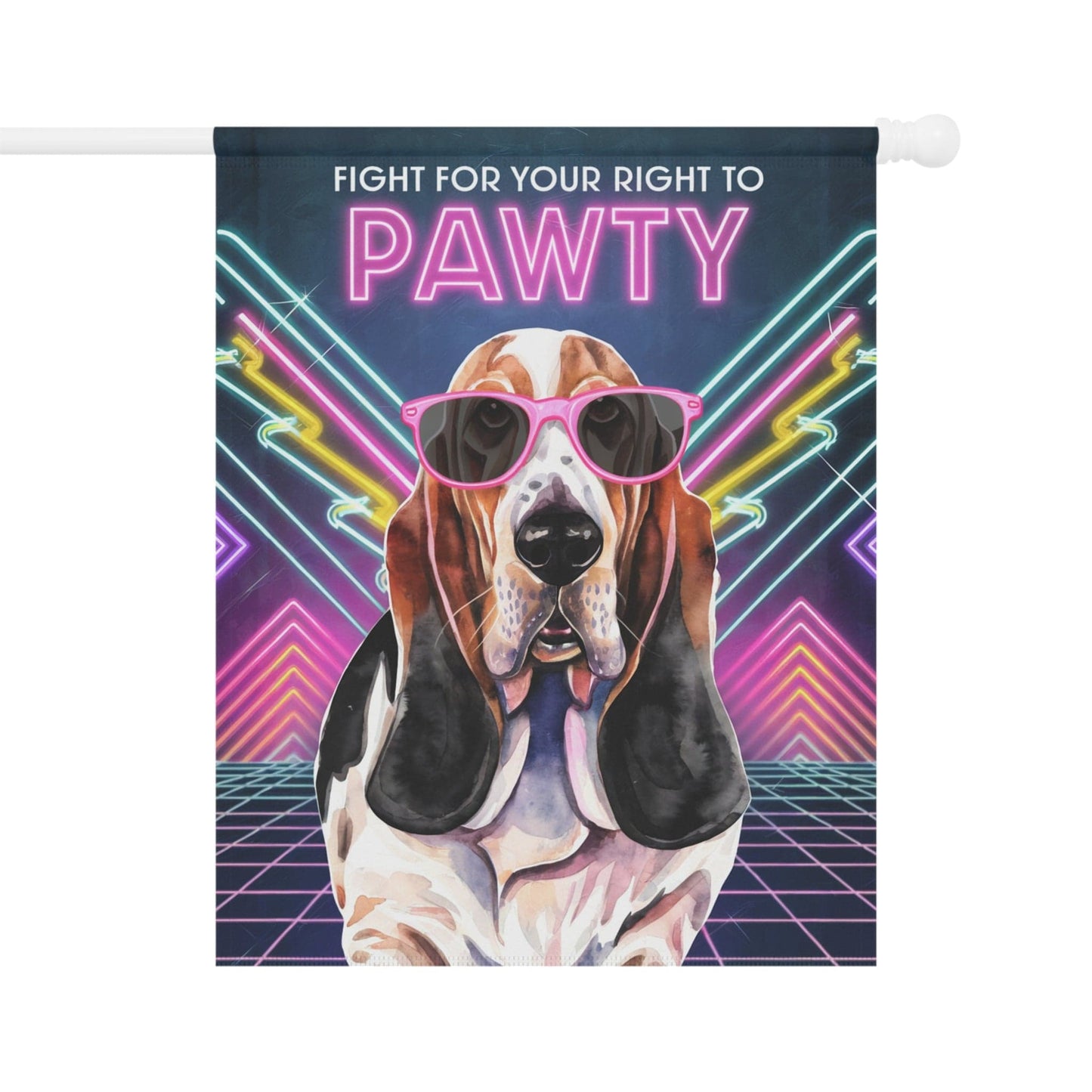 Printify Home Decor 24.5'' × 32'' Basset Hound Dog, 80s Party Retro-Futuristic Garden Flag, Front Yard Spring Decor