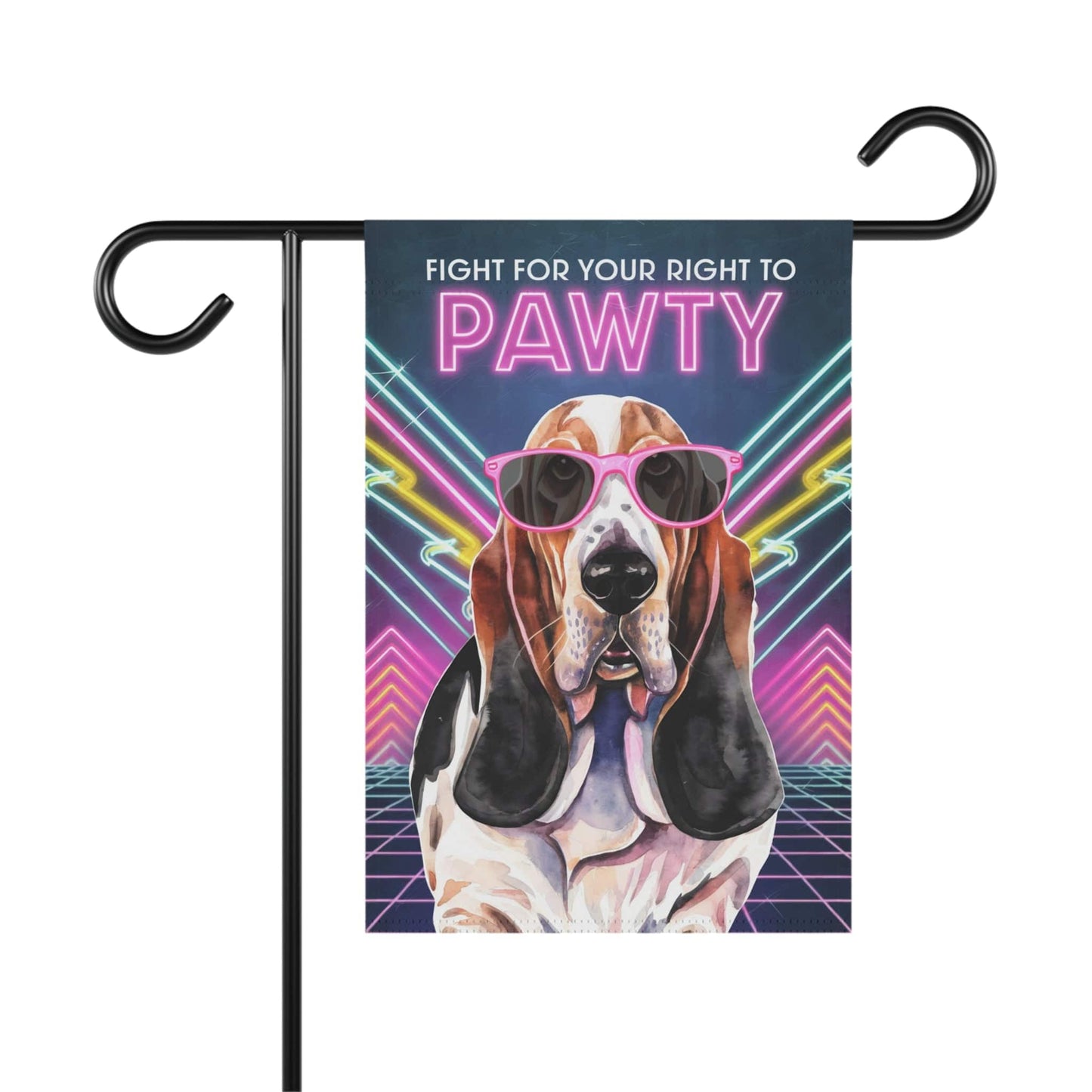 Printify Home Decor 12'' × 18'' Basset Hound Dog, 80s Party Retro-Futuristic Garden Flag, Front Yard Spring Decor