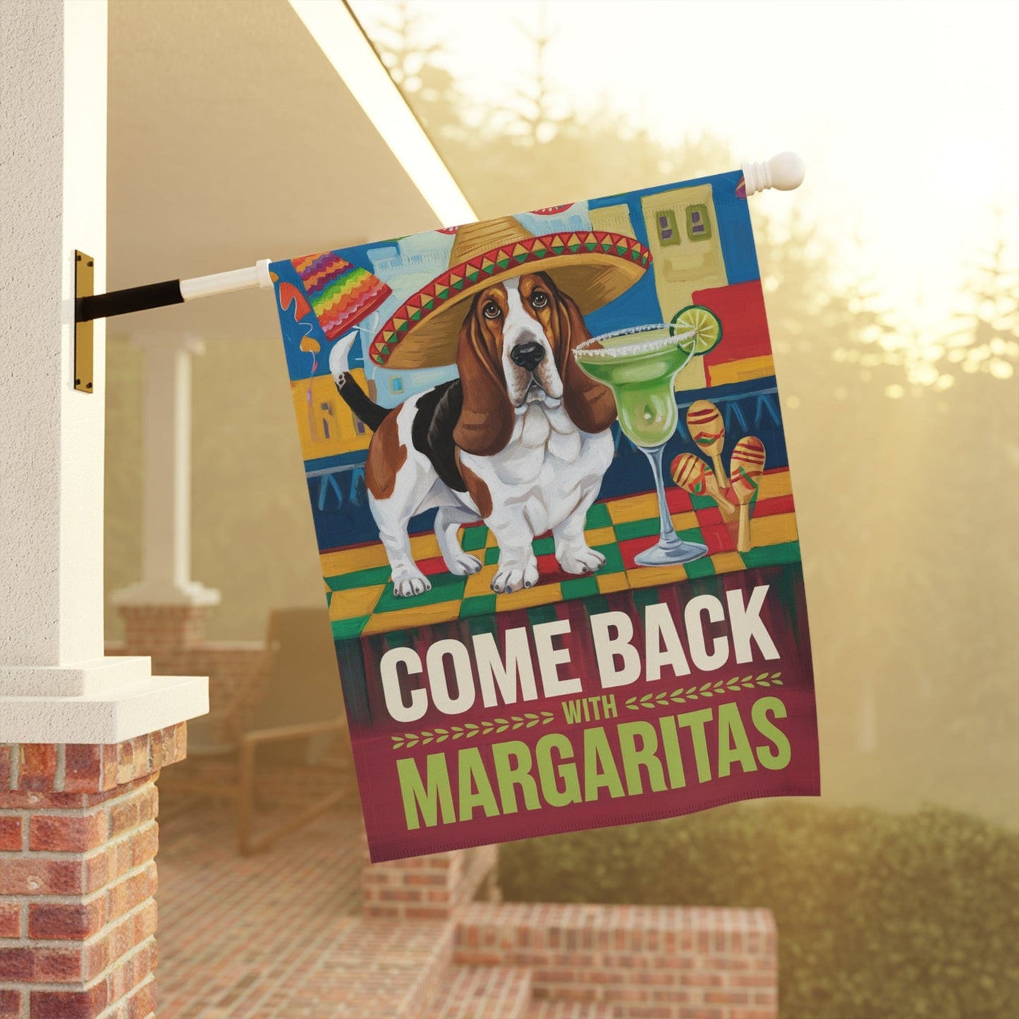 Printify Home Decor Basset Hound Dog Garden Flag, Cinco de Mayo Fiesta, Margarita Drinking Decor, Front Yard