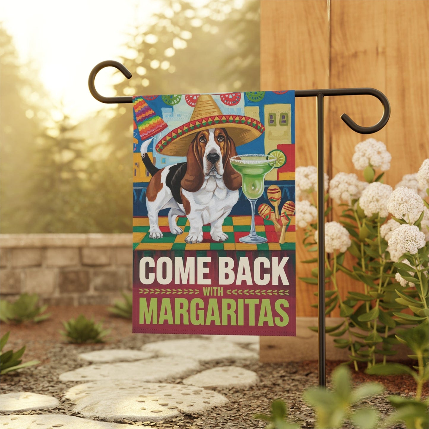 Printify Home Decor Basset Hound Dog Garden Flag, Cinco de Mayo Fiesta, Margarita Drinking Decor, Front Yard
