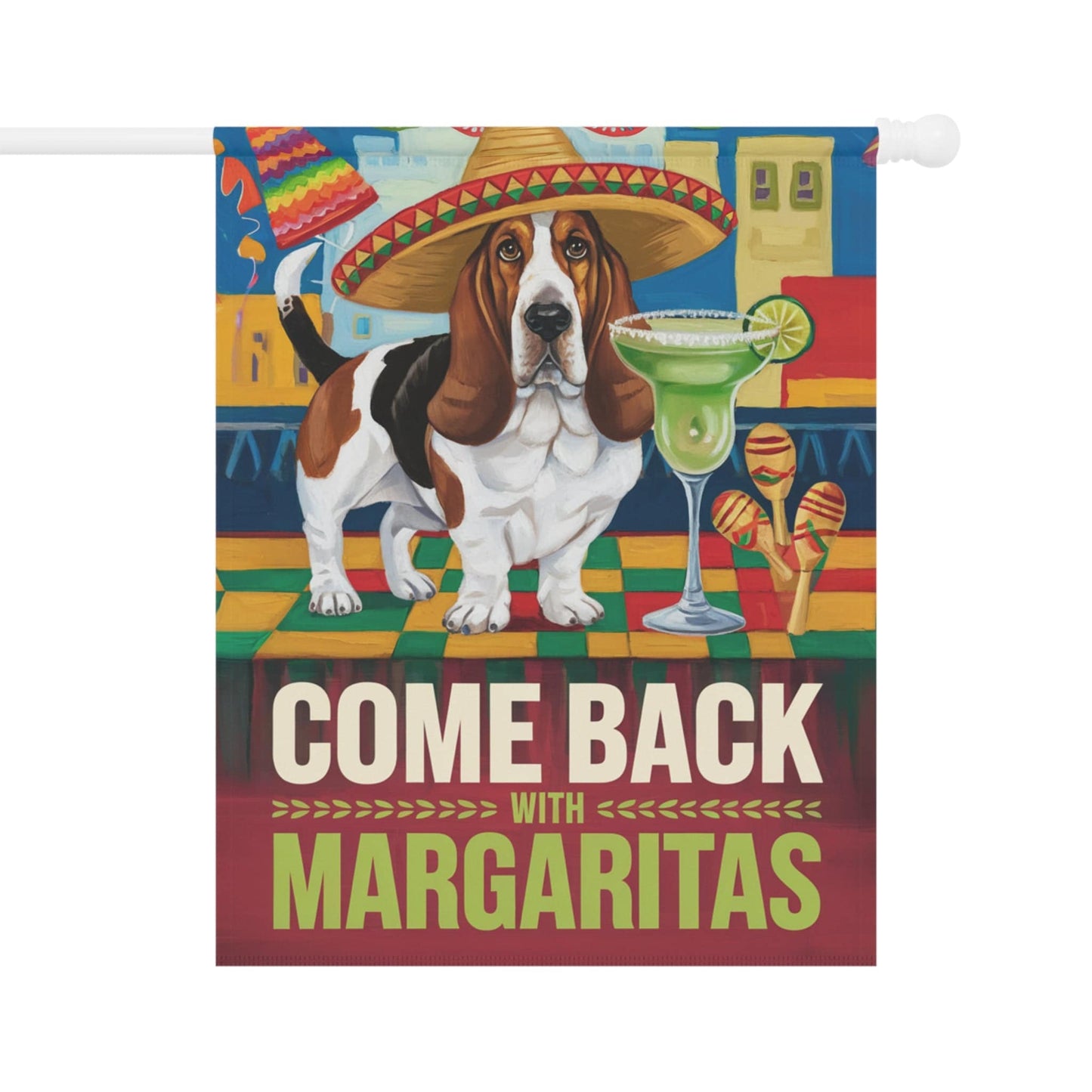 Printify Home Decor 24.5'' × 32'' Basset Hound Dog Garden Flag, Cinco de Mayo Fiesta, Margarita Drinking Decor, Front Yard