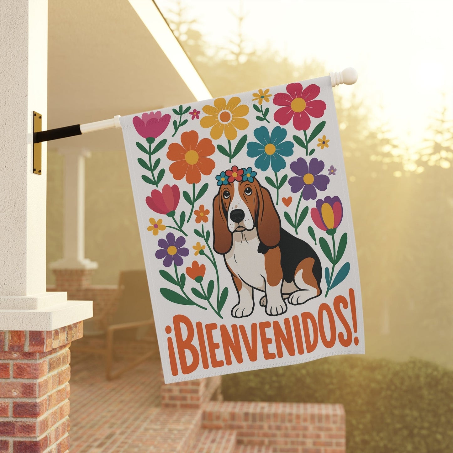 Printify Home Decor Basset Hound Dog Garden Flag, Spanish Front Yard Decor, Outdoor Spring