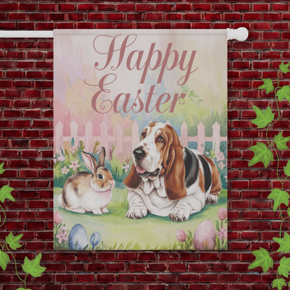 Printify Garden Flag 24.5'' × 32'' Basset Hound Elegant Easter Garden Flag