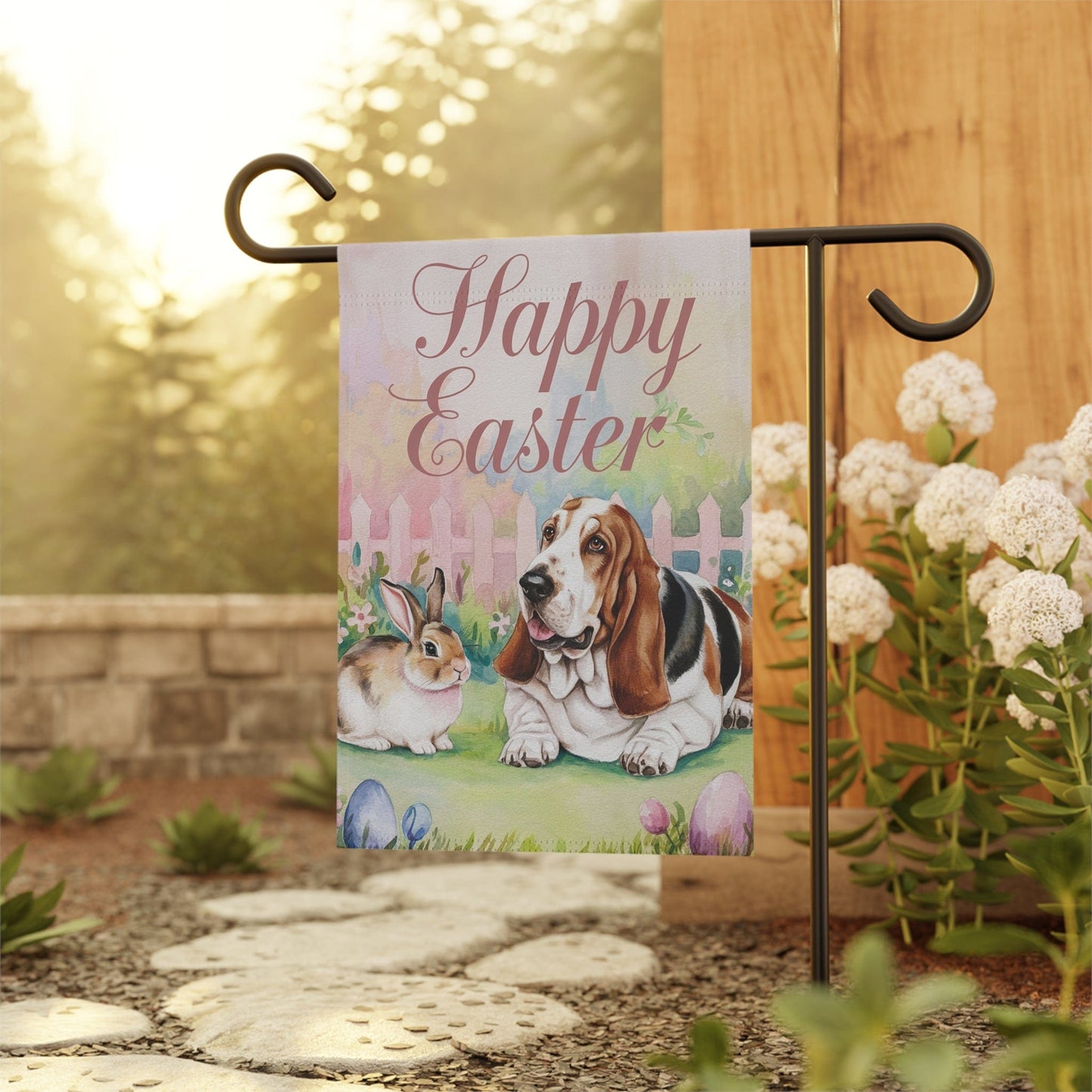 Printify Garden Flag Basset Hound Elegant Easter Garden Flag