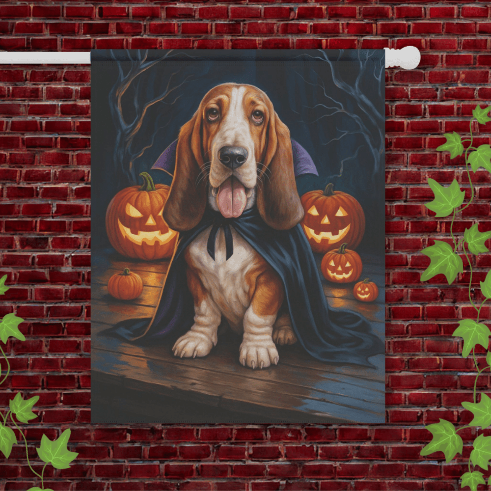 Printify Garden Flag 24.5'' × 32'' Basset Hound Halloween Vampire Garden Flag