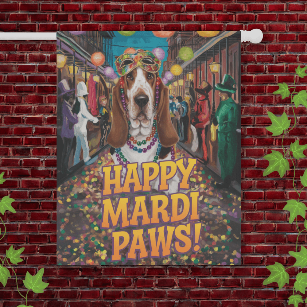 Printify Garden Flag 24.5'' × 32'' Basset Hound Mari Gras Garden Flag