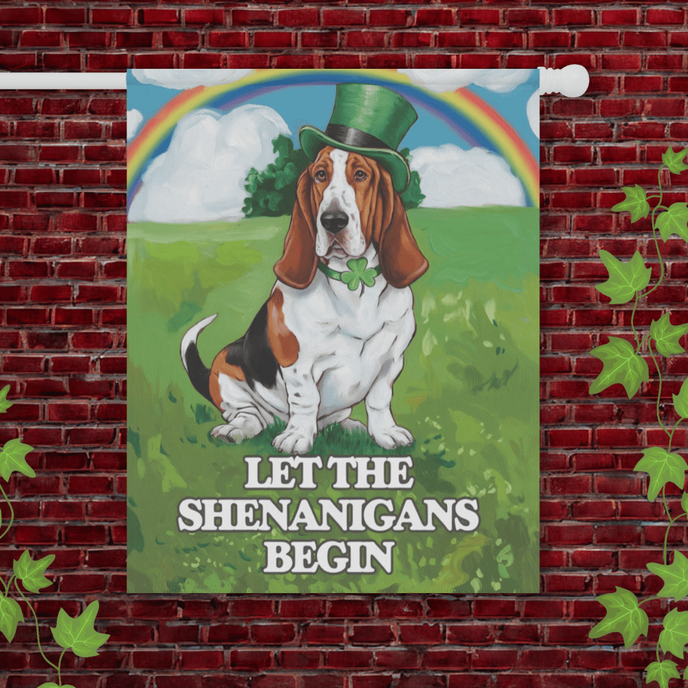 Printify Garden Flag 24.5'' × 32'' Basset Hound Saint Patricks Garden Flag