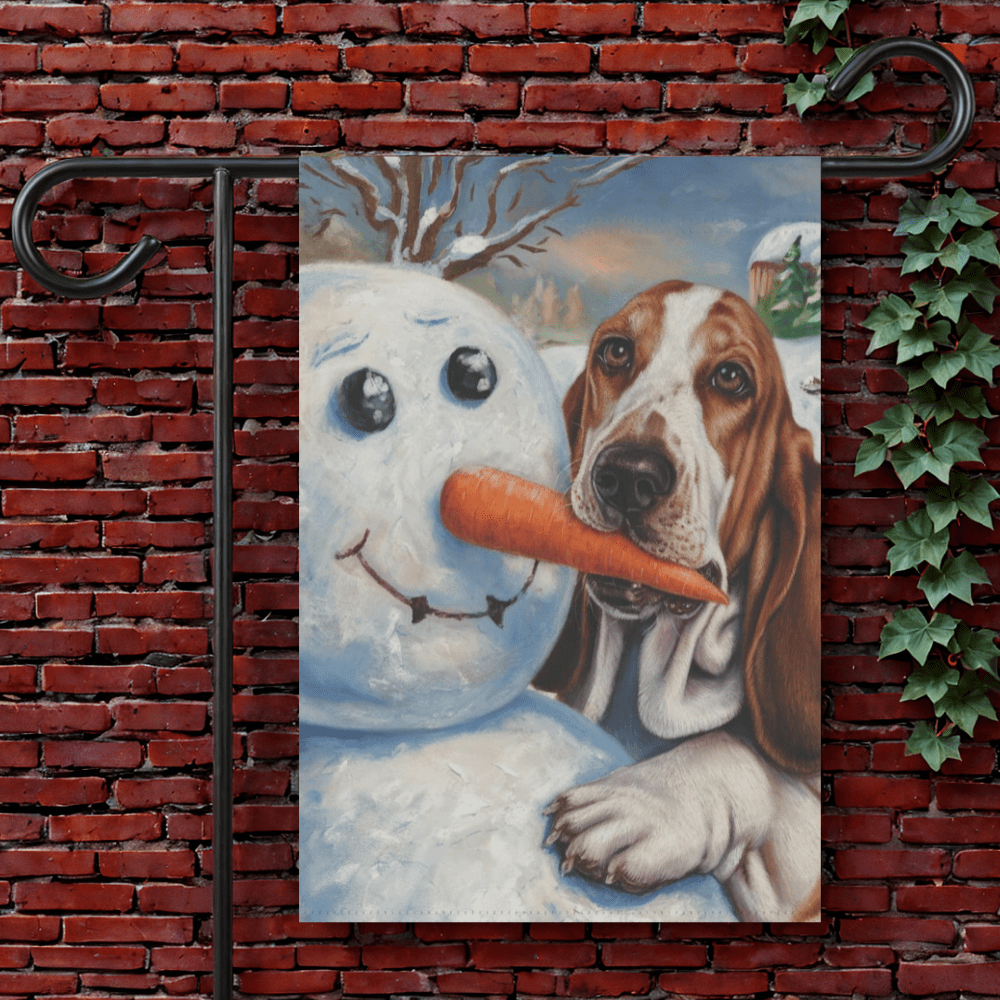 Printify Garden Flag 12'' × 18'' Basset Hound Snowman Garden Flag