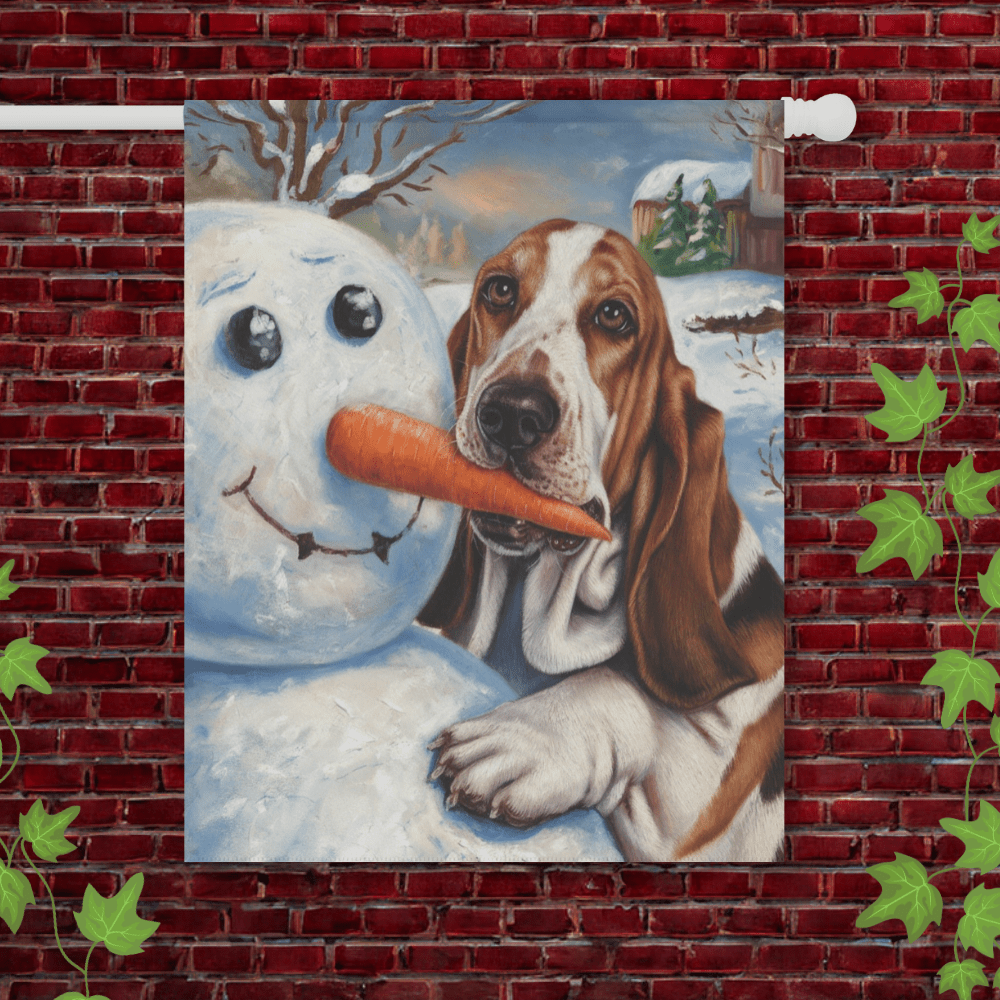 Printify Garden Flag 24.5'' × 32'' Basset Hound Snowman Garden Flag