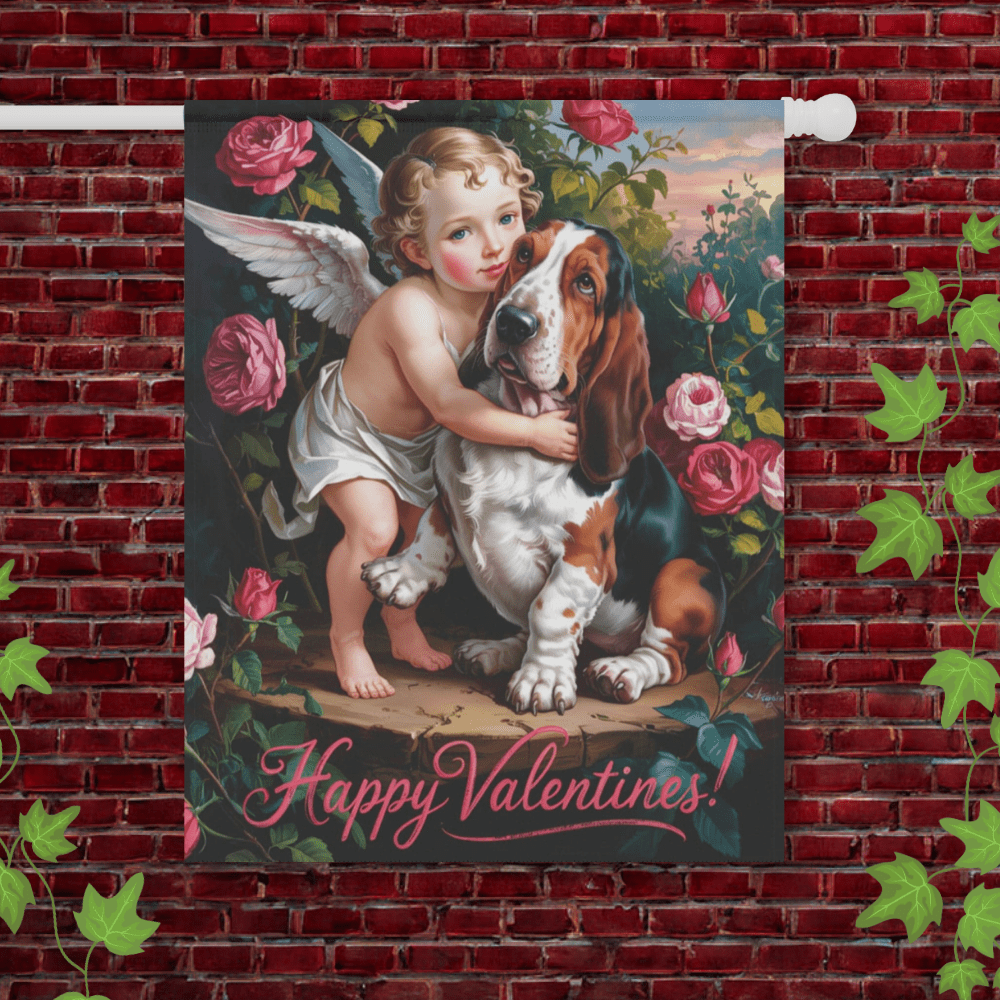 Printify Garden Flag 24.5'' × 32'' Basset Hound Valentines Day Garden Flag