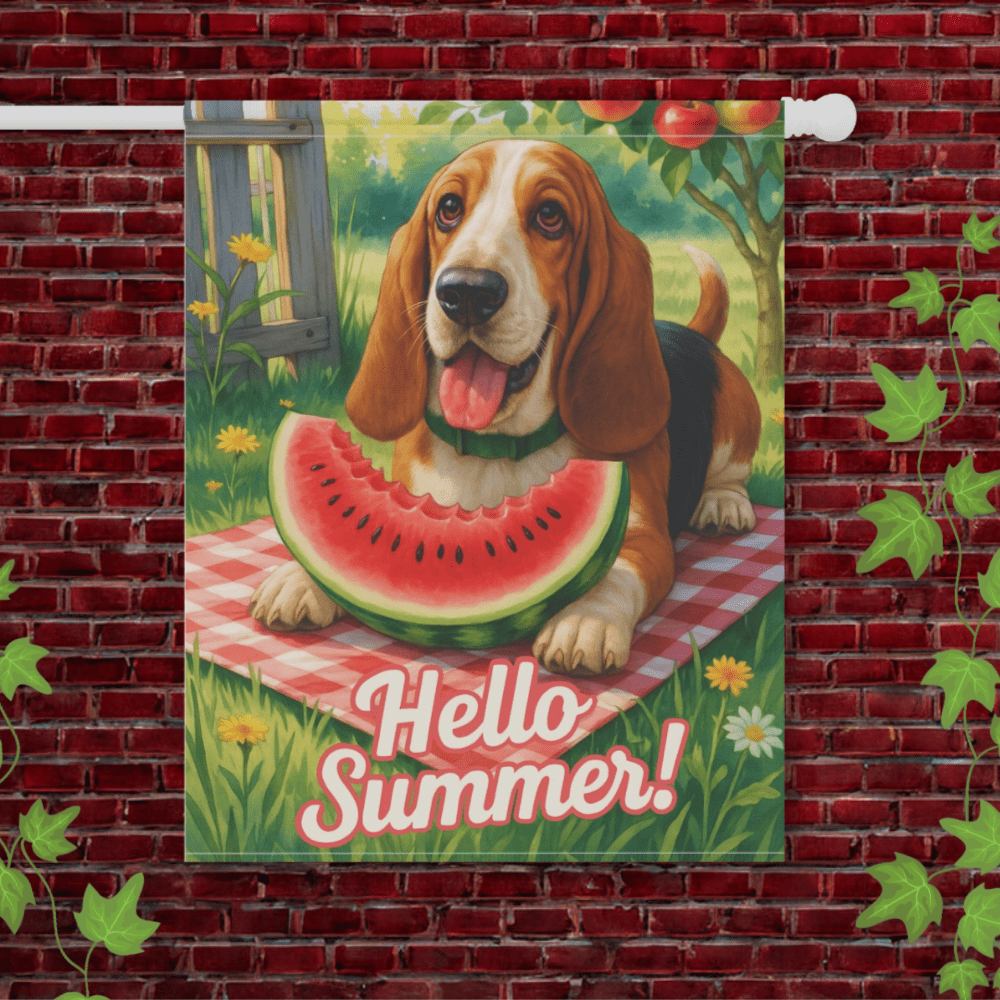 Printify Garden Flag 24.5'' × 32'' Basset Hound Watermelon Garden Flag