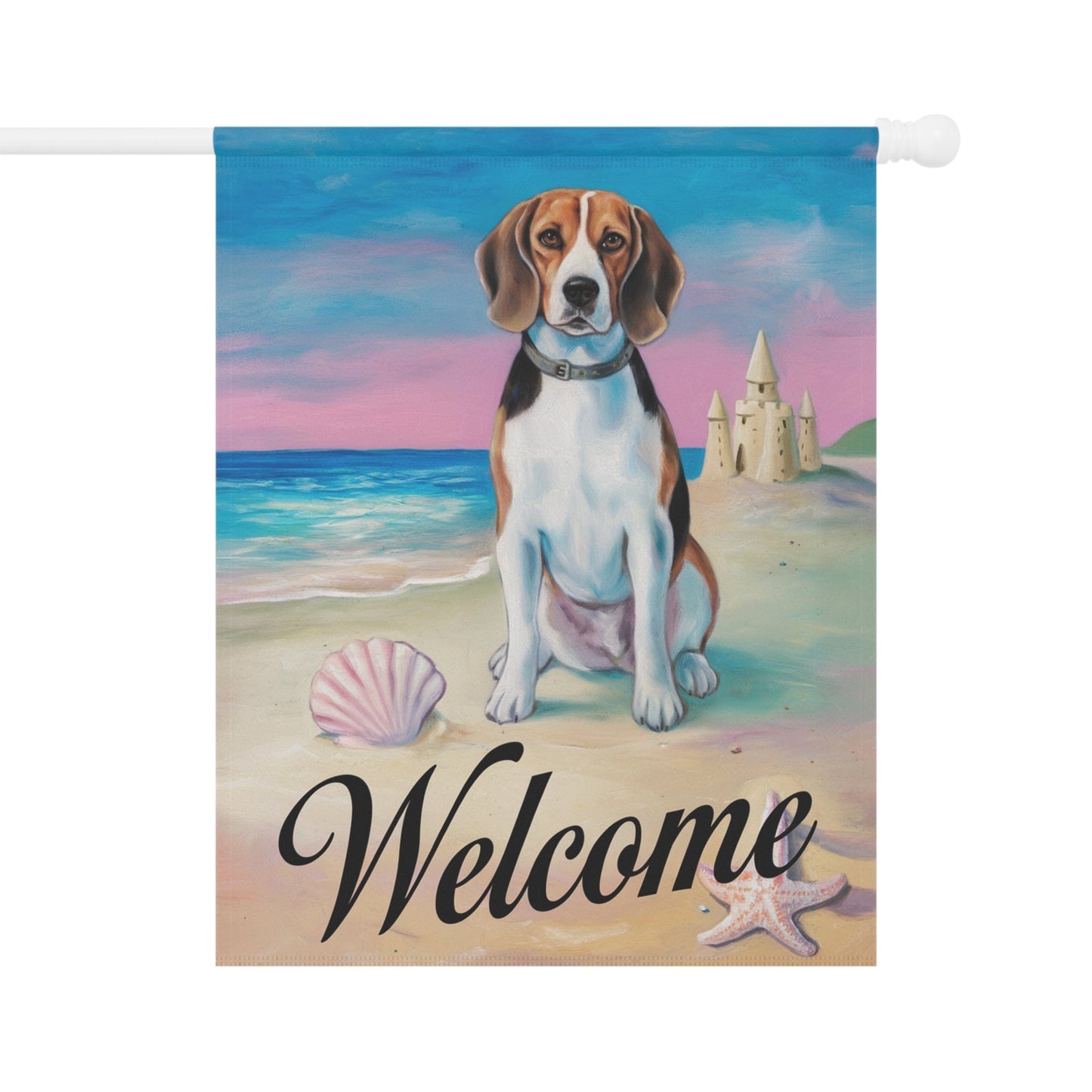 Printify Home Decor 24.5'' × 32'' Beagle Beach Yard Decor, Nautical Beach Dog Gift, Housewarming Banner, Dog Mom Dad