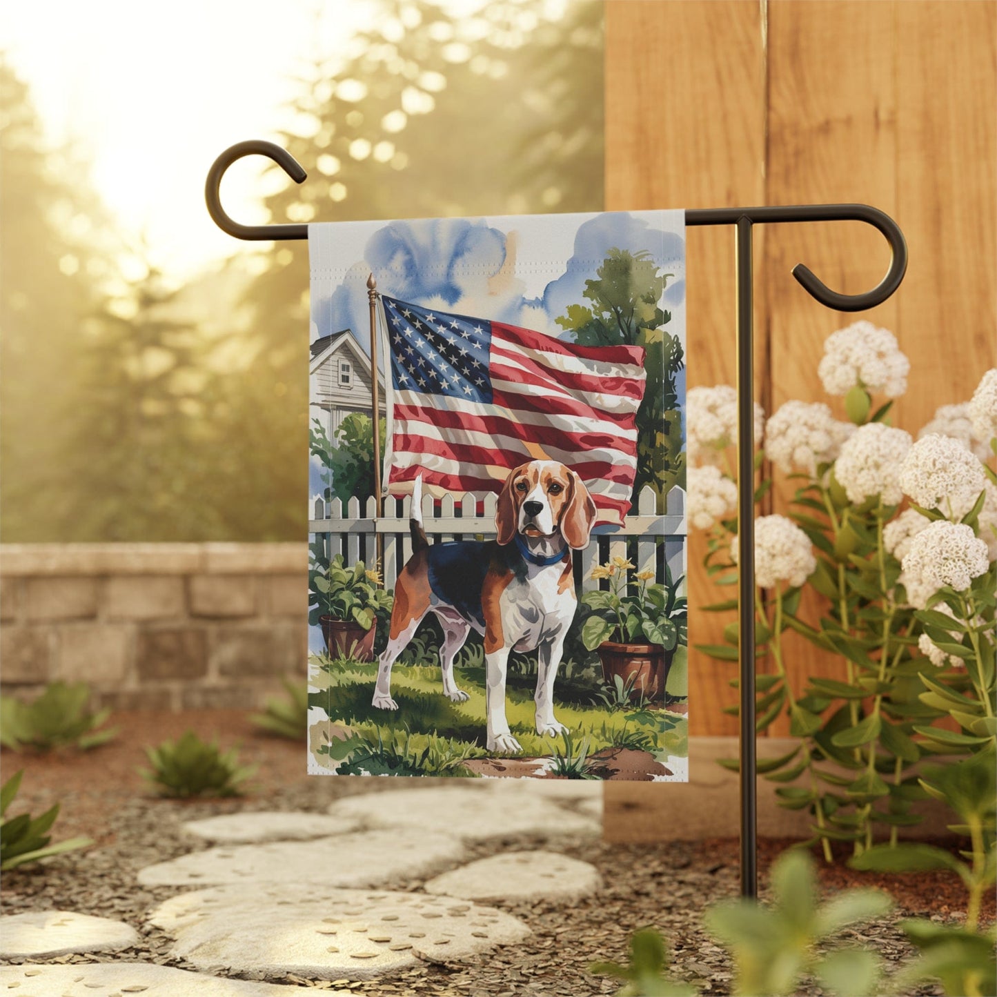 Printify Home Decor Beagle Dog Garden Flag, 4th of July, US Flag Yard Outside Decor, Patriotic Housewarming