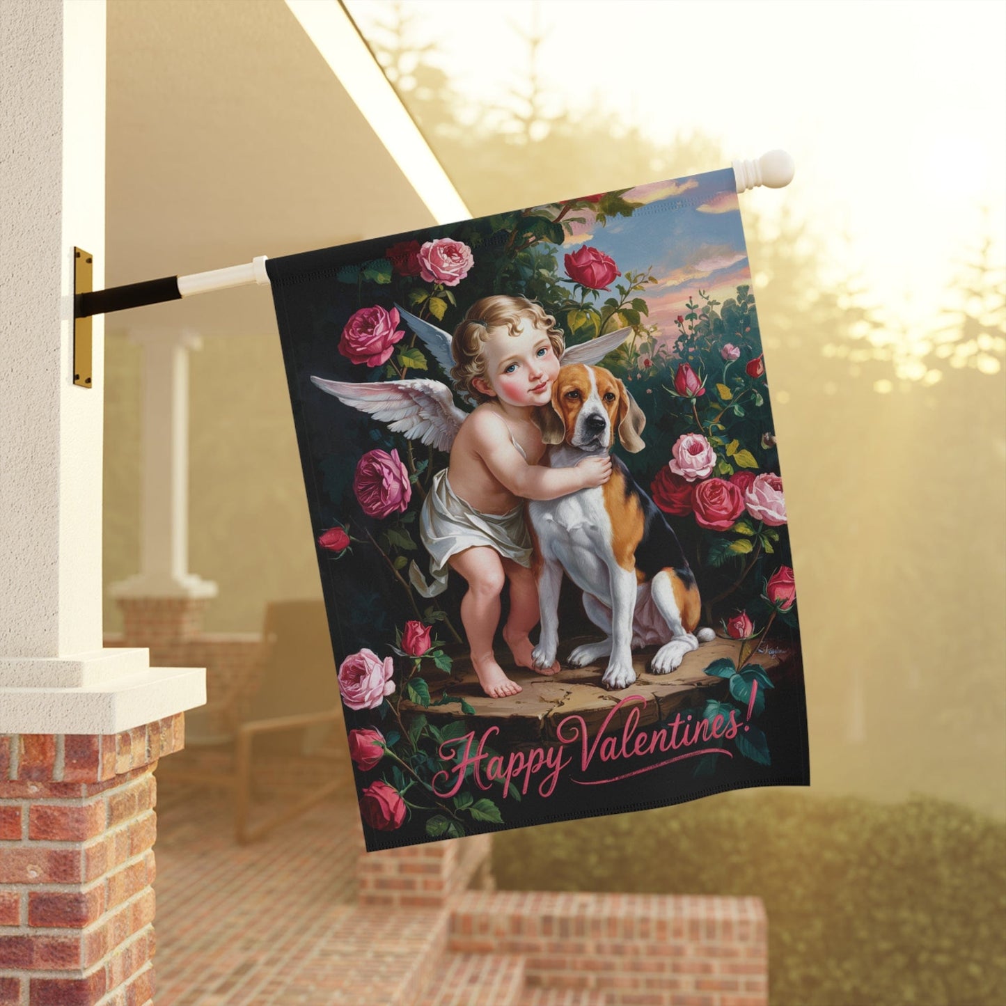 Printify Home Decor Beagle Dog Valentine's Day Garden Flag Decoration, Outdoor Housewarming Gift, Rose Garden Decor