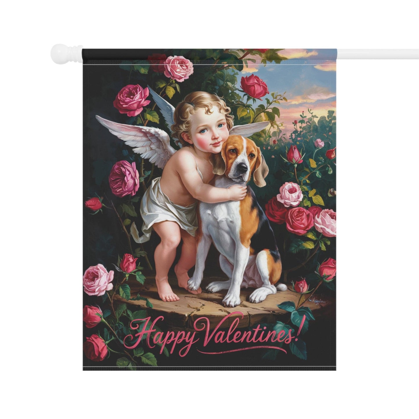 Printify Home Decor Beagle Dog Valentine's Day Garden Flag Decoration, Outdoor Housewarming Gift, Rose Garden Decor