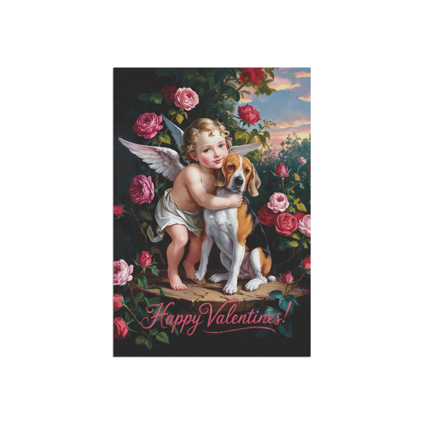 Printify Home Decor Beagle Dog Valentine's Day Garden Flag Decoration, Outdoor Housewarming Gift, Rose Garden Decor