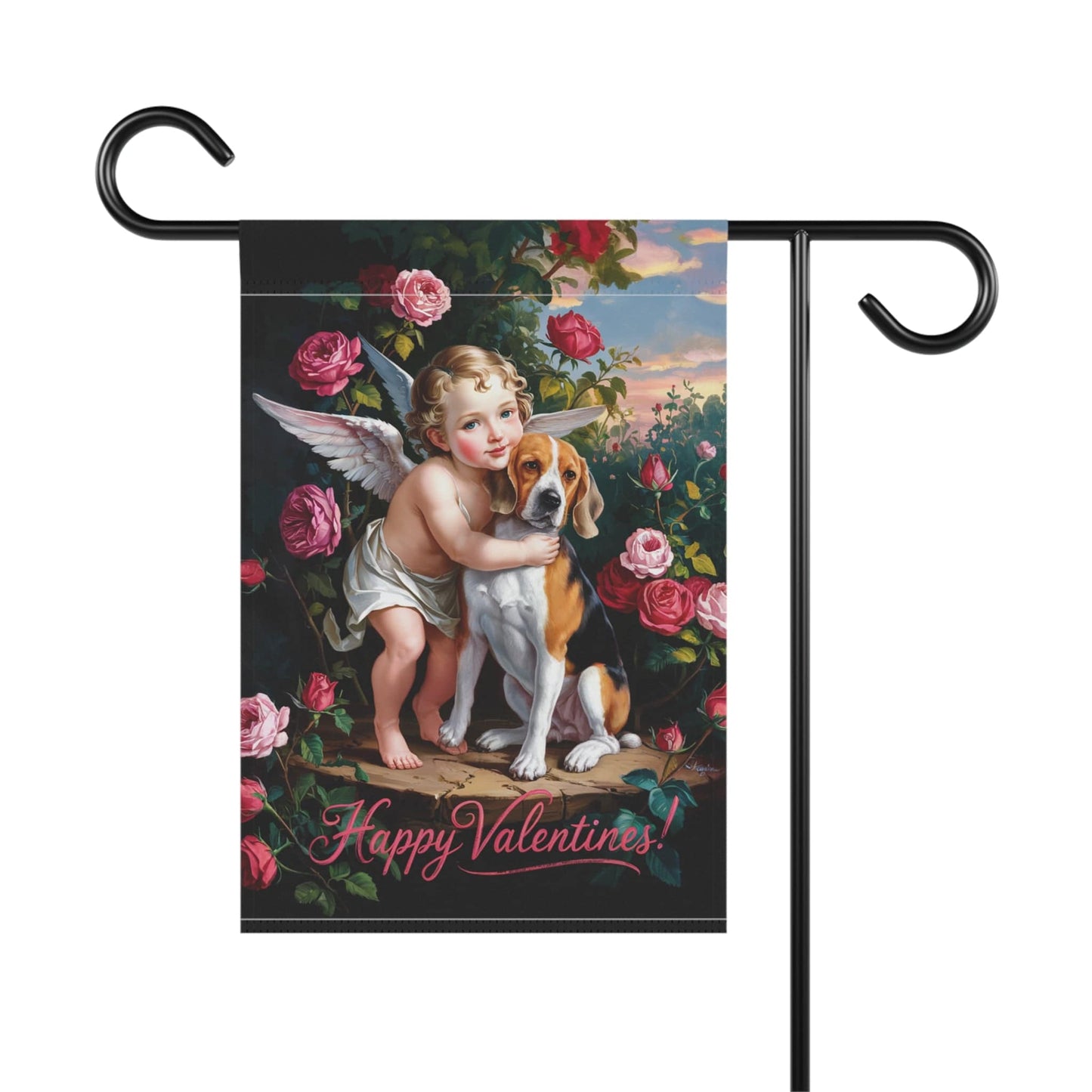 Printify Home Decor Beagle Dog Valentine's Day Garden Flag Decoration, Outdoor Housewarming Gift, Rose Garden Decor