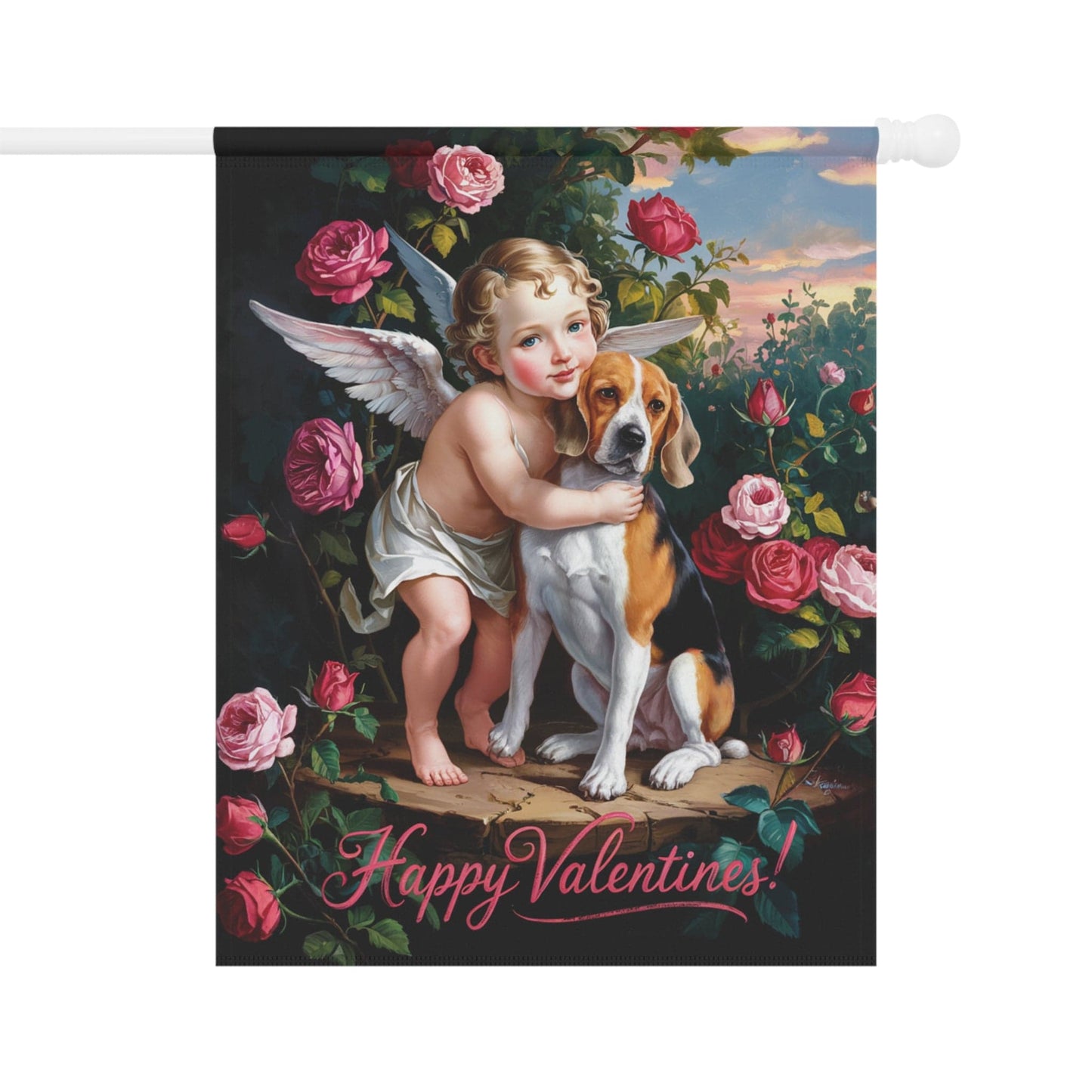 Printify Home Decor 24.5'' × 32'' Beagle Dog Valentine's Day Garden Flag Decoration, Outdoor Housewarming Gift, Rose Garden Decor