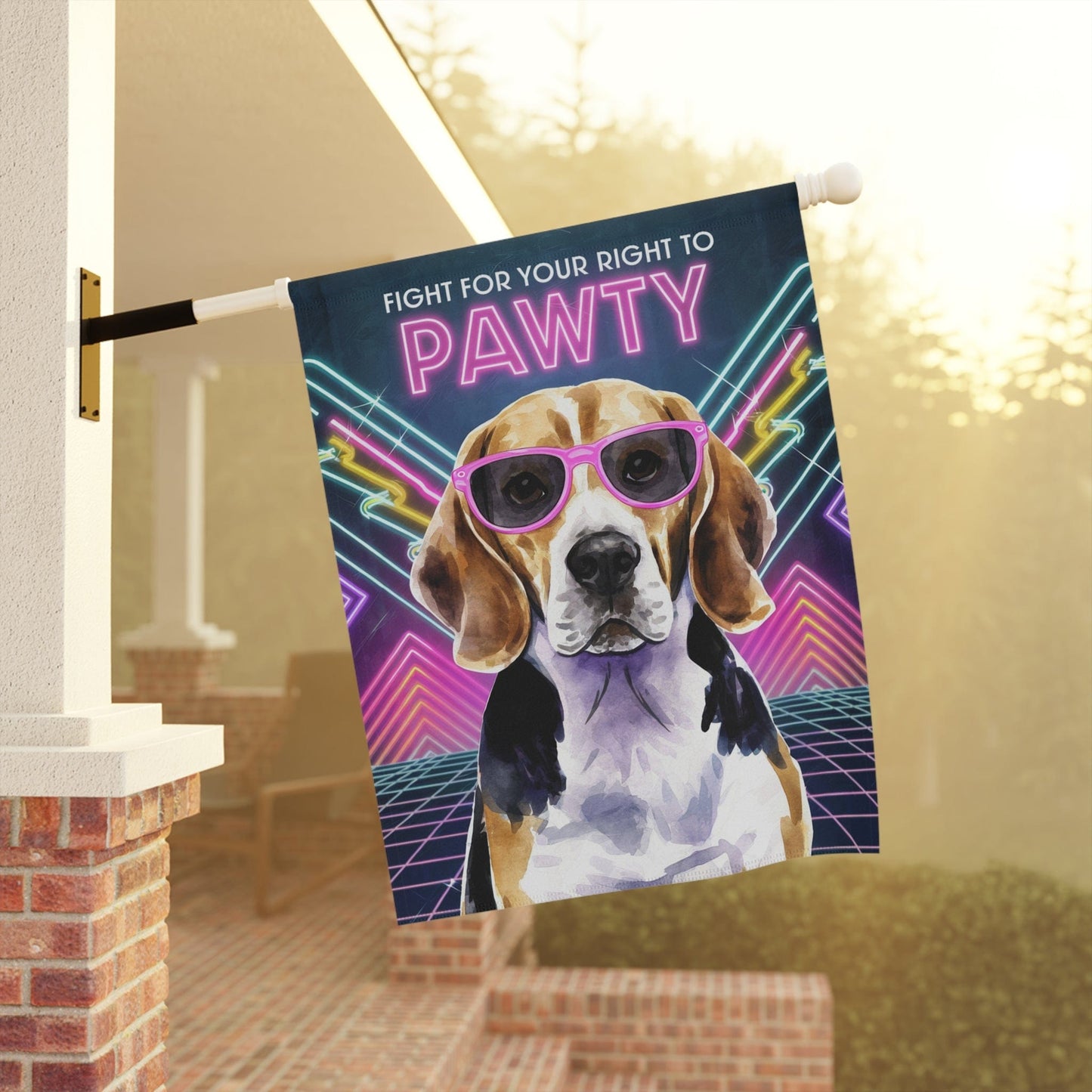 Printify Home Decor Beagle Hound Dog, 80s Birthday Party Retro-Futuristic Garden Flag, Front Yard Spring Decor