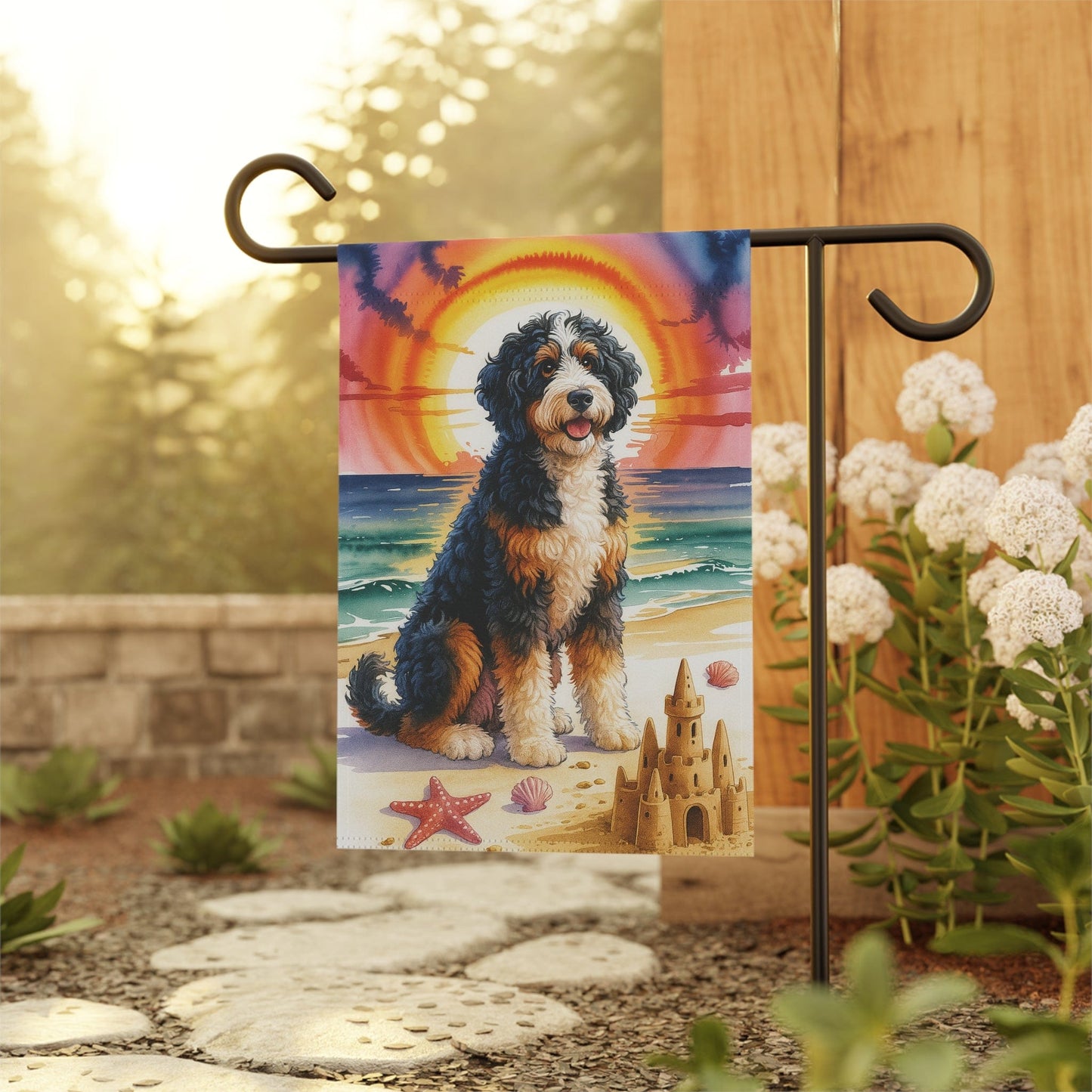 Printify Garden Flag Bernedoodle Beach Garden Flag