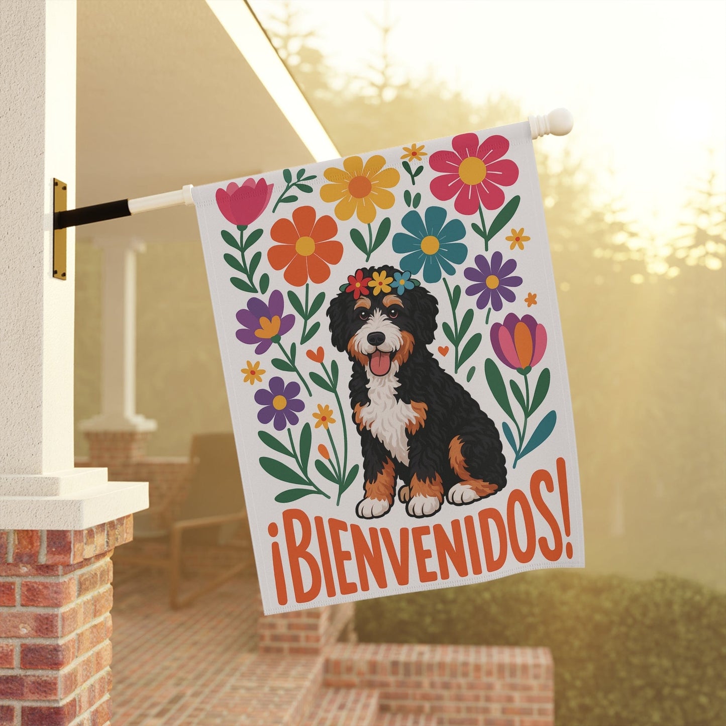 Bernedoodle Dog Bienvenidos Garden Flag, Spanish Front Yard Decor