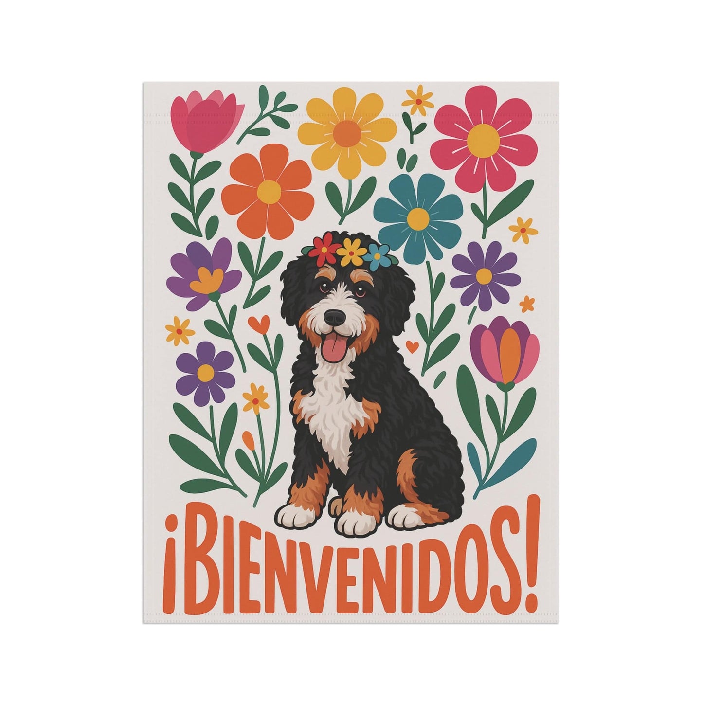 Printify Garden Flag Bernedoodle Dog Bienvenidos Garden Flag, Spanish Front Yard Decor