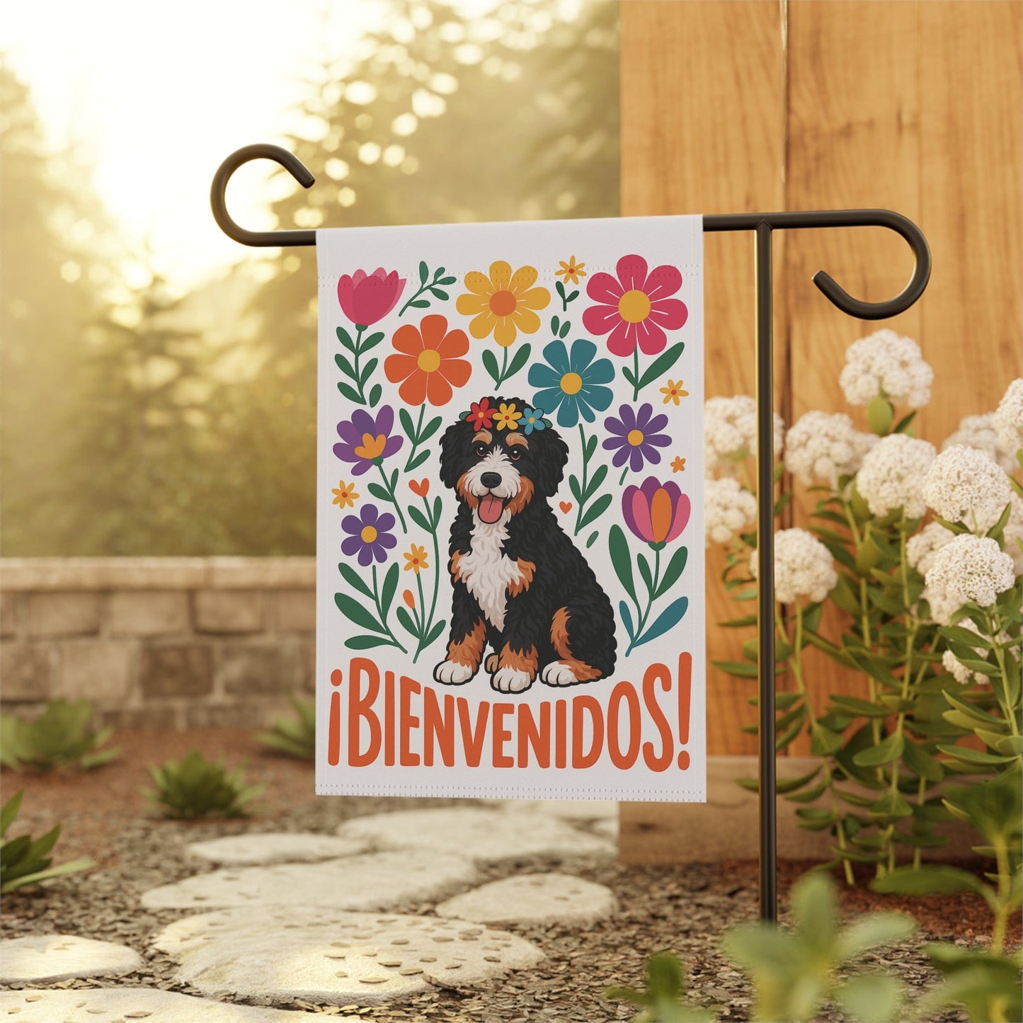 Printify Garden Flag Bernedoodle Dog Bienvenidos Garden Flag, Spanish Front Yard Decor