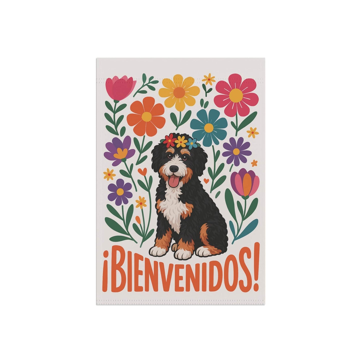 Printify Garden Flag Bernedoodle Dog Bienvenidos Garden Flag, Spanish Front Yard Decor