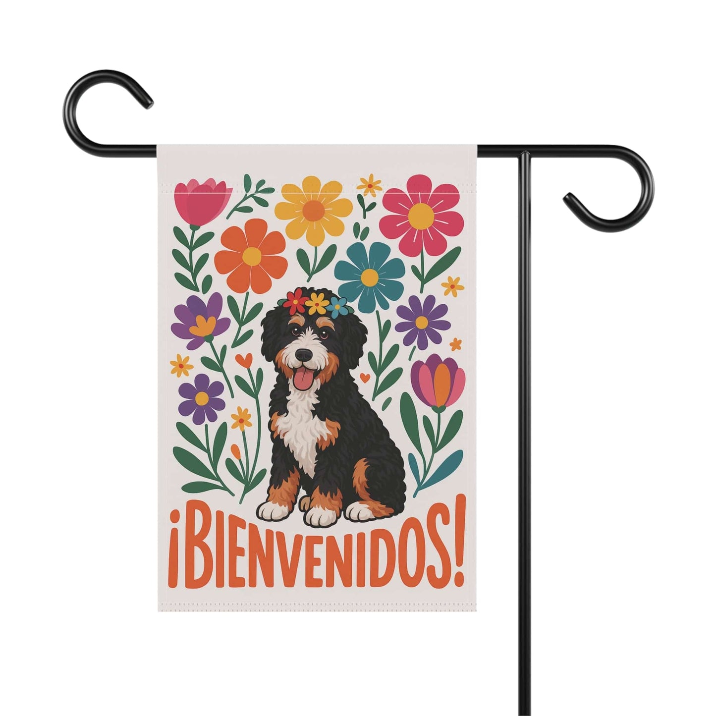Printify Garden Flag Bernedoodle Dog Bienvenidos Garden Flag, Spanish Front Yard Decor