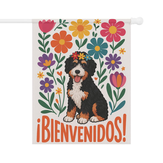 Bernedoodle Dog Bienvenidos Garden Flag, Spanish Front Yard Decor 24.5'' × 32''