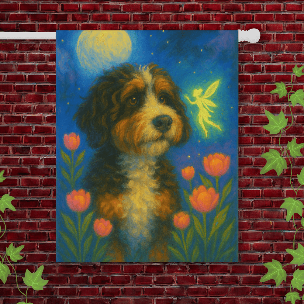 Printify Garden Flag 24.5'' × 32'' Bernedoodle Fairy Garden Flag