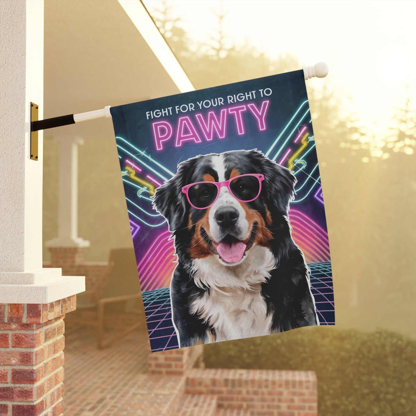 Printify Garden Flag Bernese Mountain Dog, 80s Party Retro-Futuristic Garden Flag, Front Yard Spring