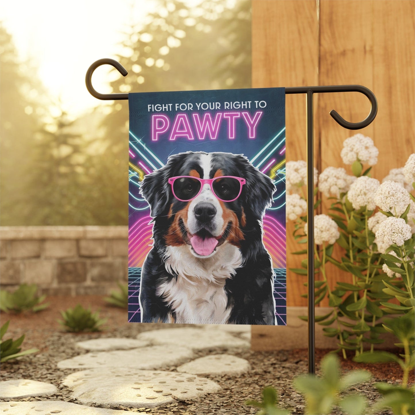 Printify Garden Flag Bernese Mountain Dog, 80s Party Retro-Futuristic Garden Flag, Front Yard Spring