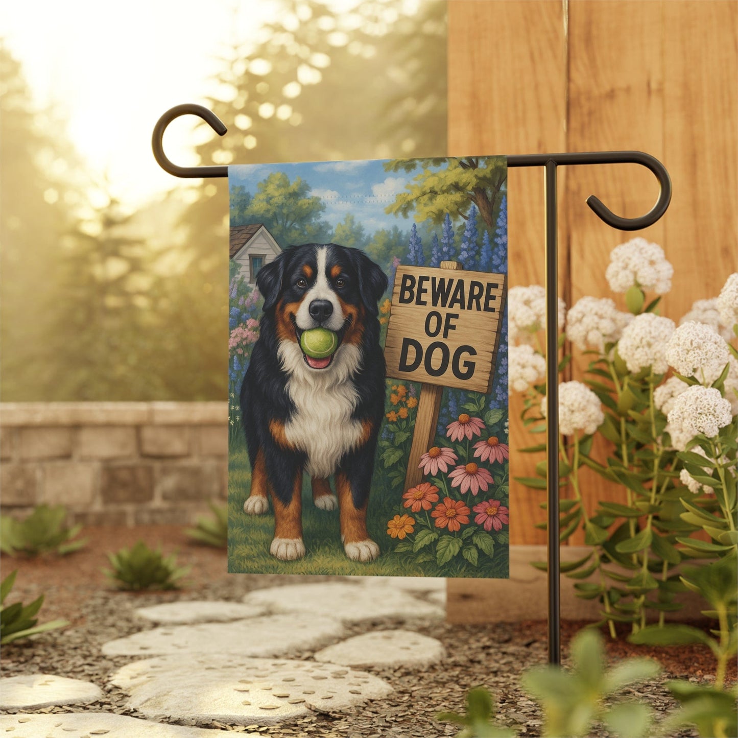 Printify Garden Flag Bernese Mountain Dog Beware Garden Flag