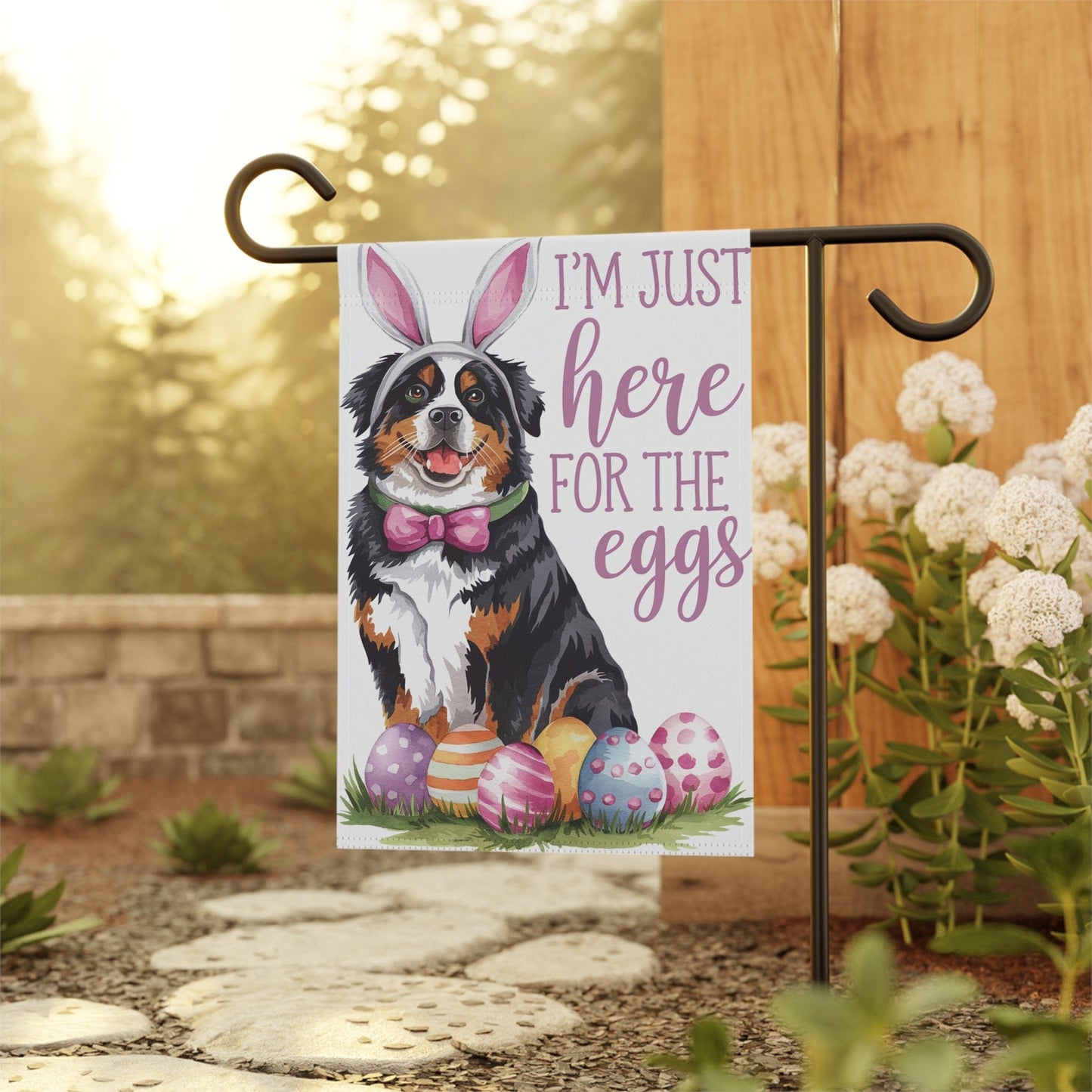 Printify Garden Flag Bernese Mountain Dog Easter Bunny Garden Flag