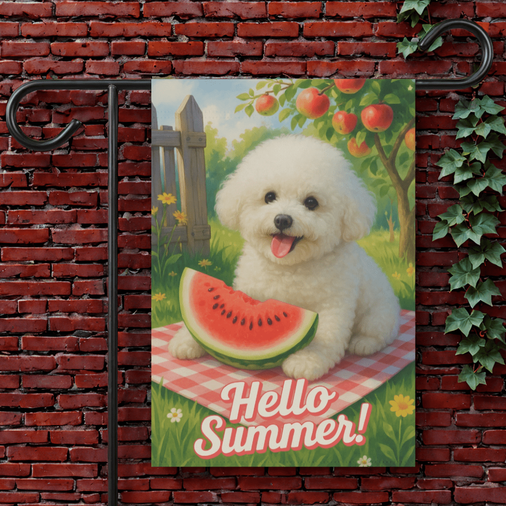 Printify Garden Flag 12'' × 18'' Bichon Frise Watermelon Garden Flag